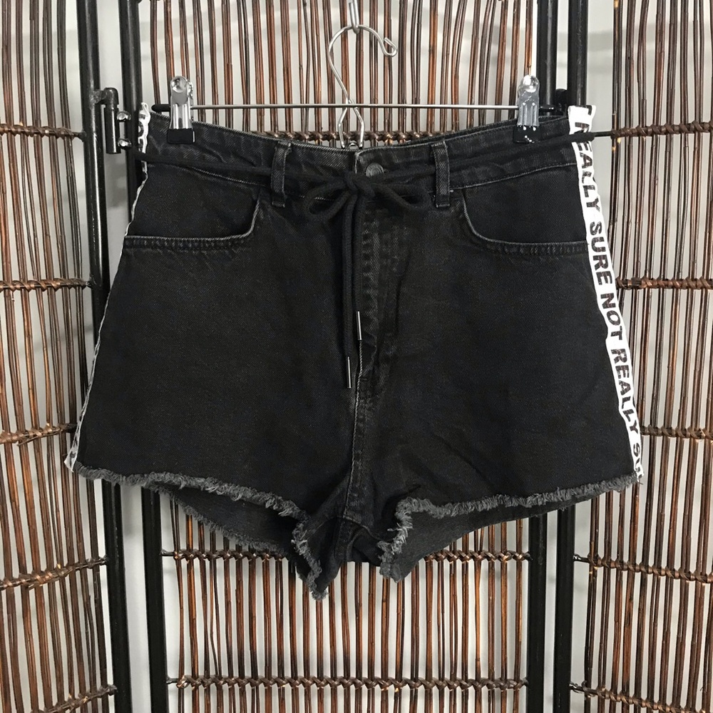 Bershka Denim Black High Waist Shorts Drawstring 8